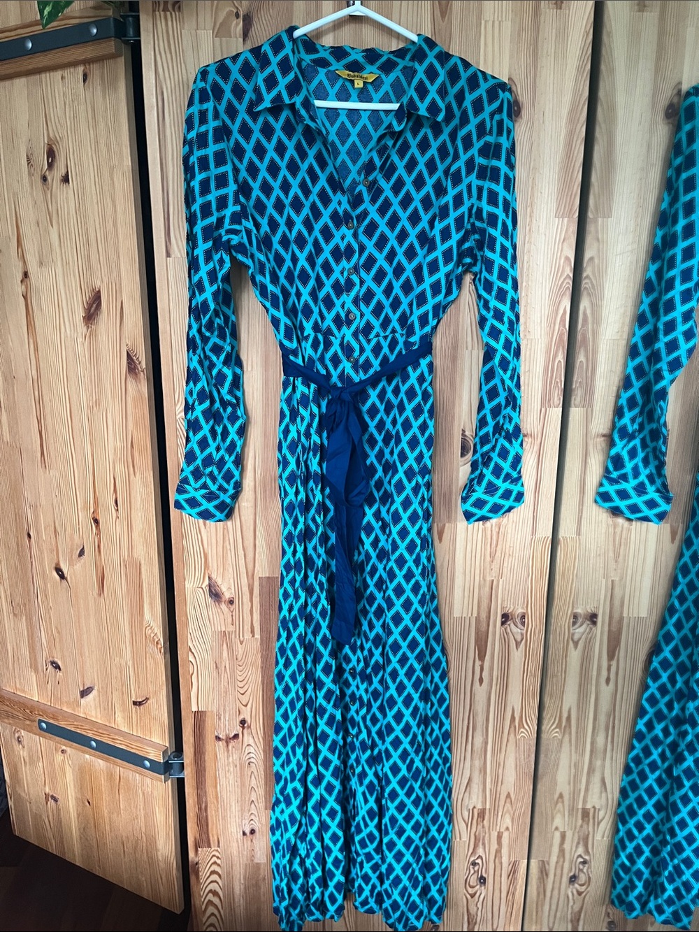 Global Desi Teal and Navy Geometric Maxi Dress (size L)